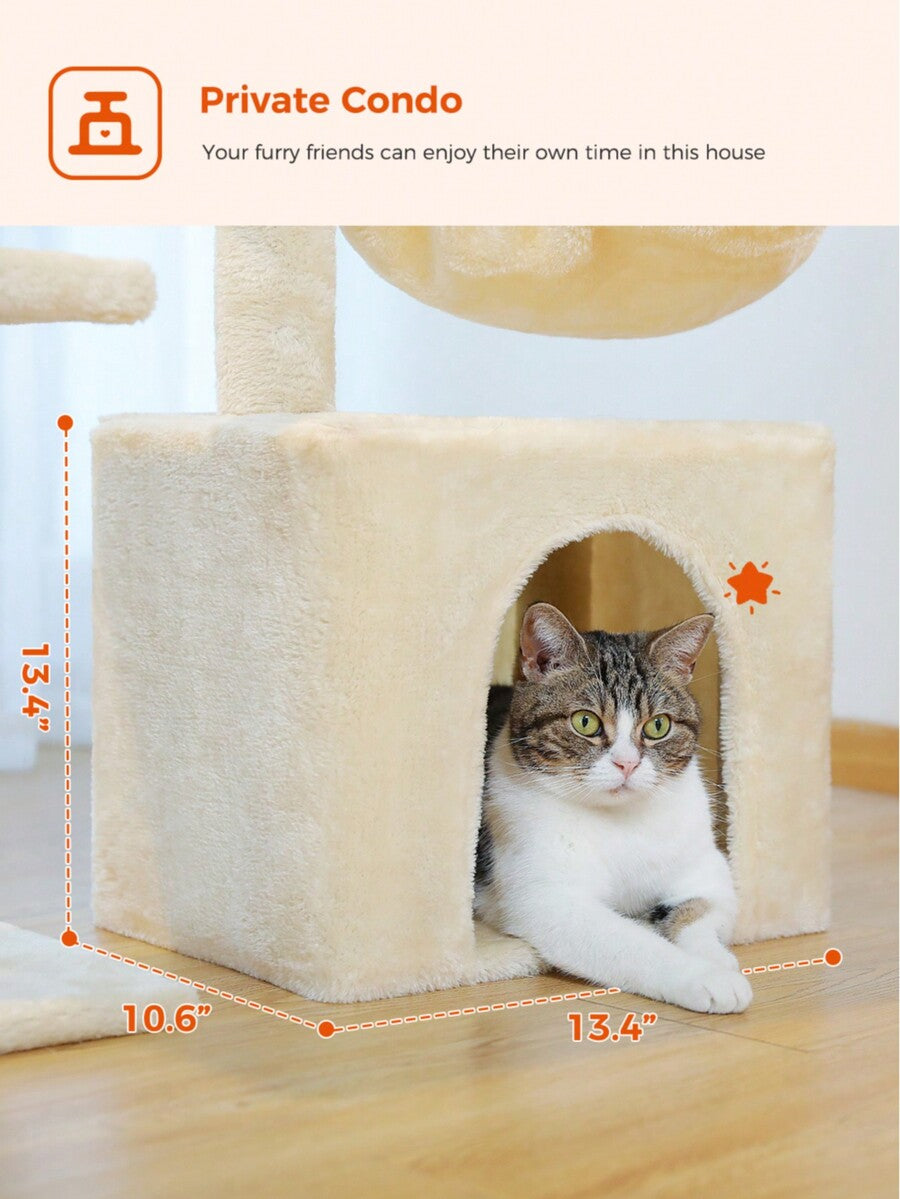 Beige 28.5-inch small cat tree for indoor cats featuring a removable top perch, deep hammock, cozy condo, and natural sisal scratching posts.