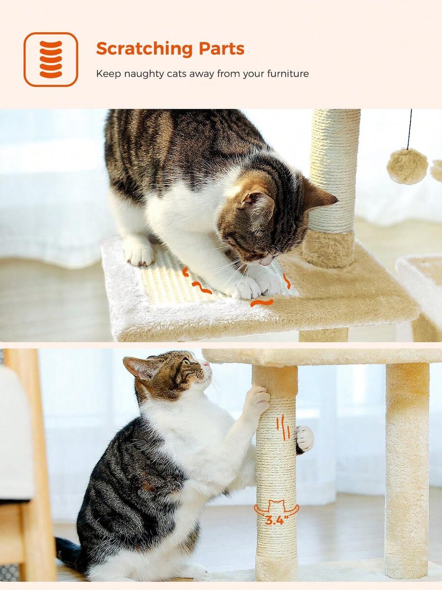 Beige 28.5-inch small cat tree for indoor cats featuring a removable top perch, deep hammock, cozy condo, and natural sisal scratching posts.