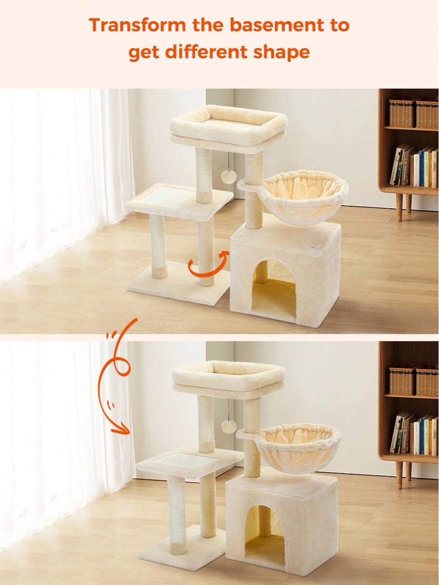 Beige 28.5-inch small cat tree for indoor cats featuring a removable top perch, deep hammock, cozy condo, and natural sisal scratching posts.