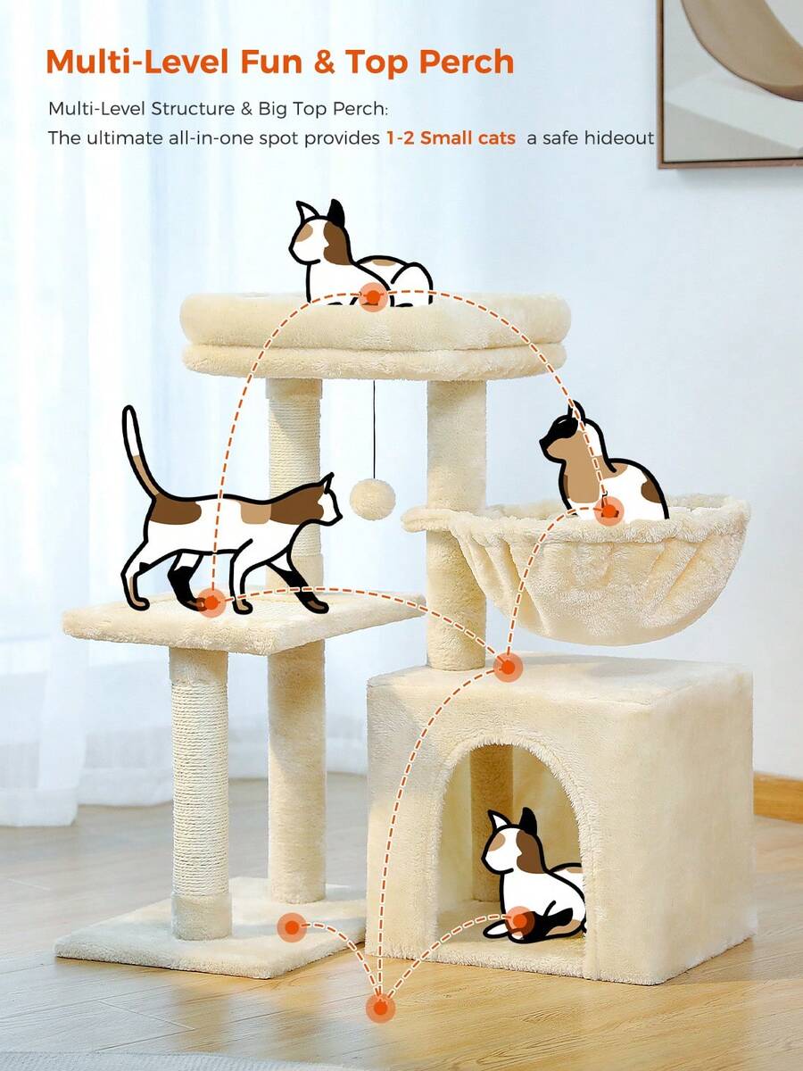 Beige 28.5-inch small cat tree for indoor cats featuring a removable top perch, deep hammock, cozy condo, and natural sisal scratching posts.
