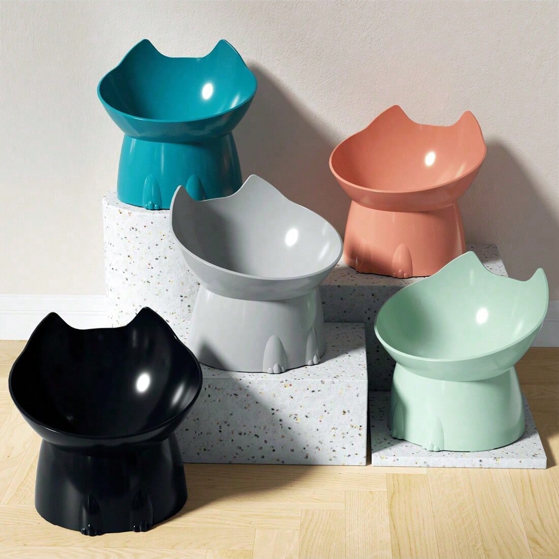 New Pet Cat High Foot Bowls, Protect Neck Vertebra, Spill-Proof Plastic Slanted Cat/Dog Food Feeder Dishes