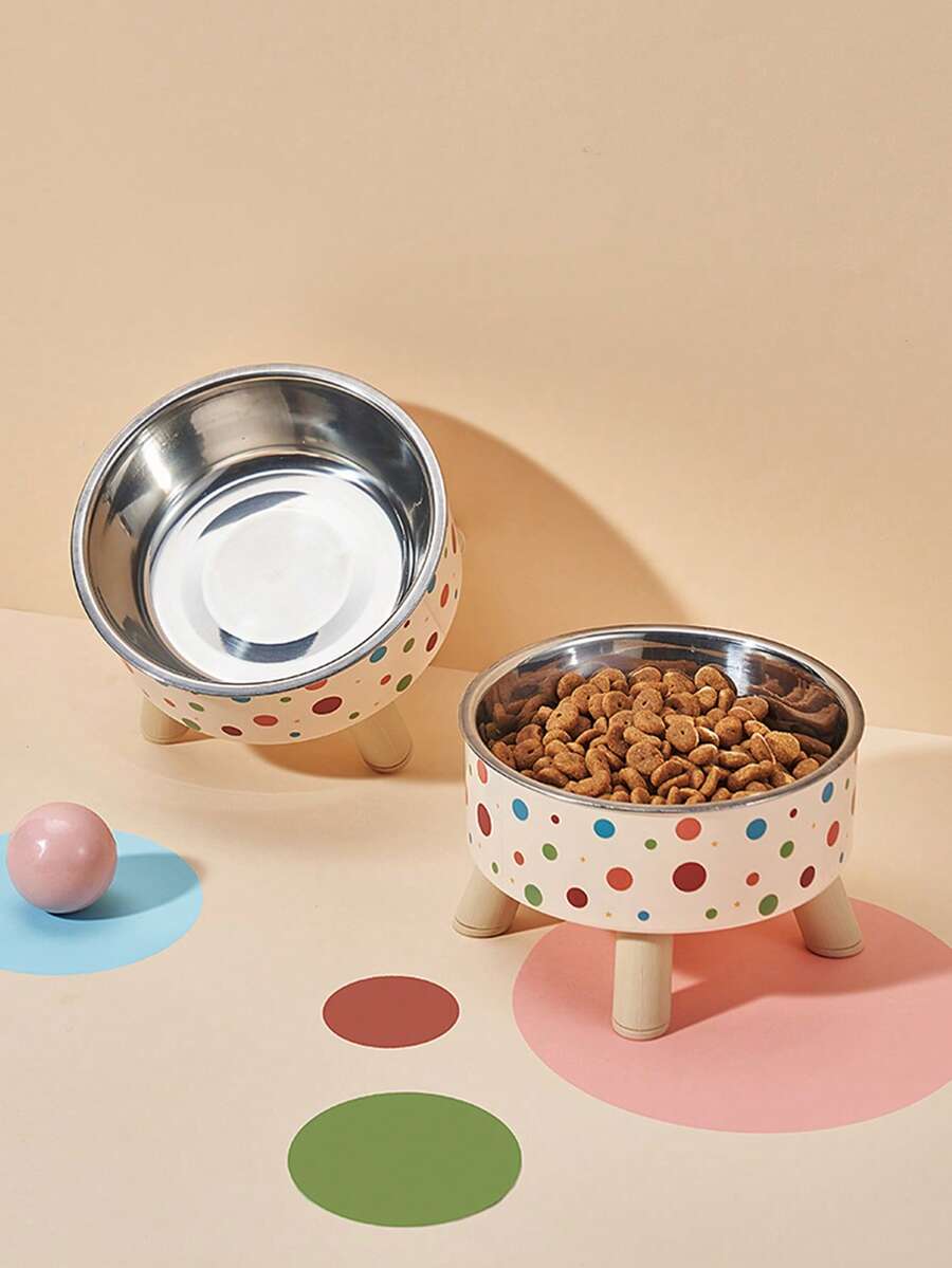 Multicolor elevated raised pet bowl with geometric pattern for cats and dogs.