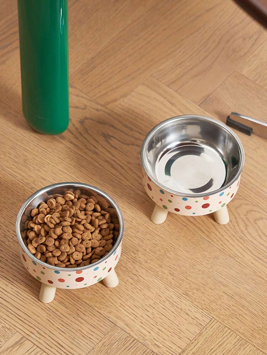 Multicolor elevated raised pet bowl with geometric pattern for cats and dogs.