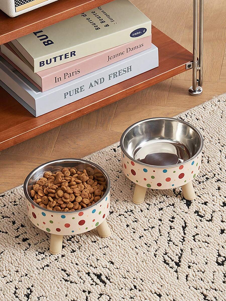 Multicolor elevated raised pet bowl with geometric pattern for cats and dogs.