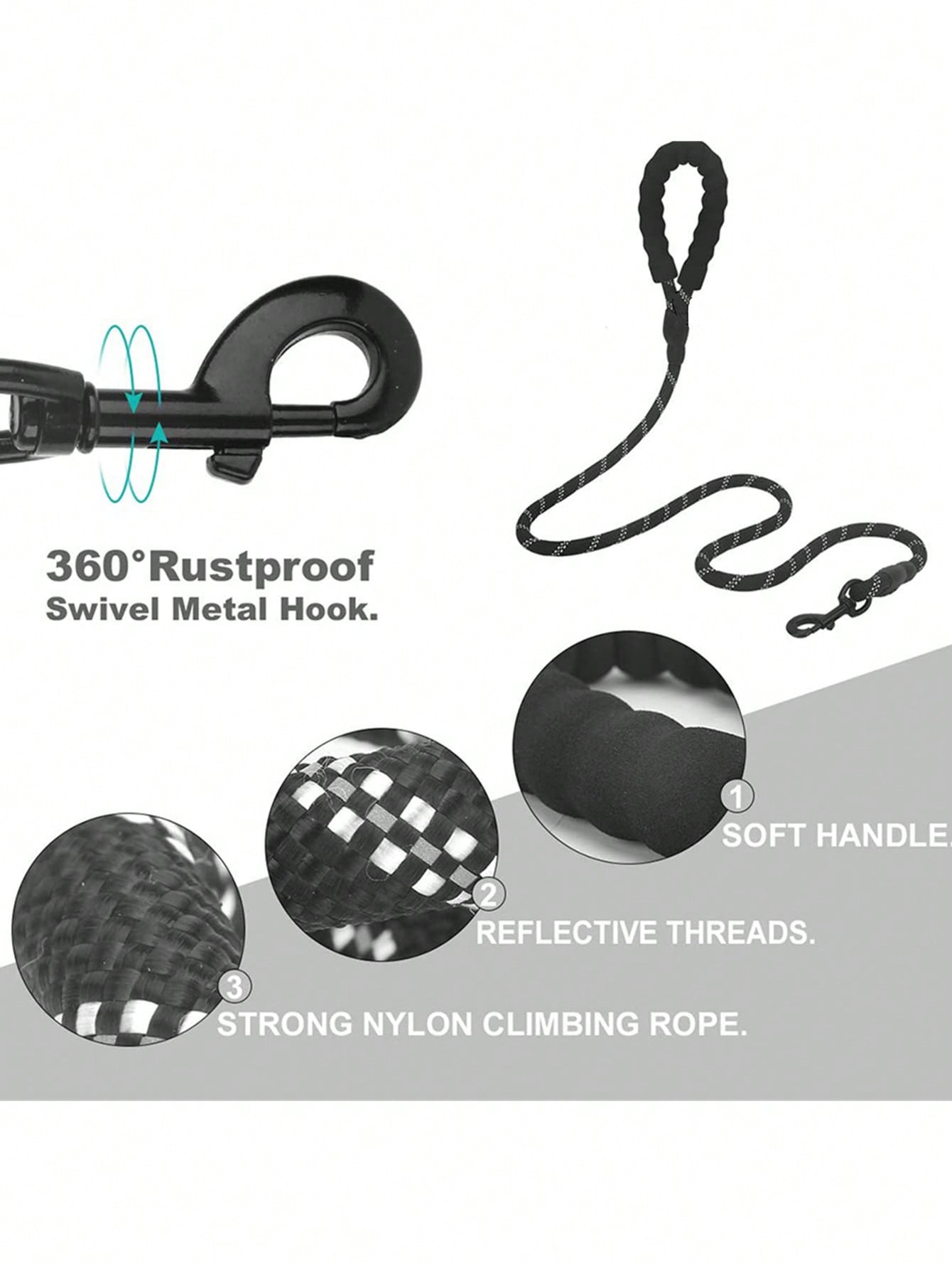 Black plain nylon reflective dog leash for outdoor walks