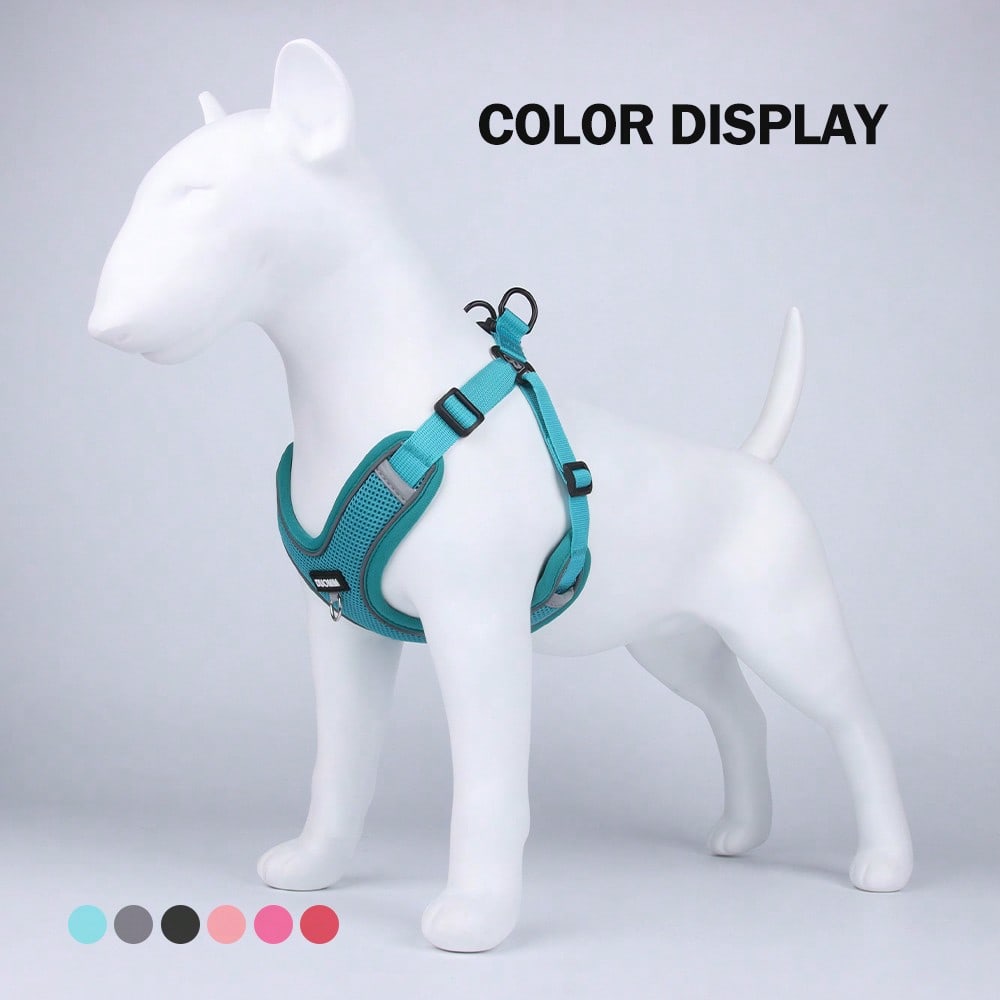 Black reflective dog leash set with adjustable polyester harness and collar, soft breathable mesh design for small and medium dogs during outdoor walks