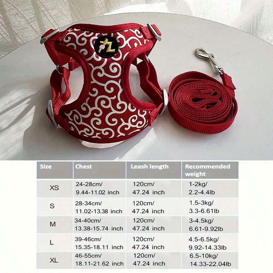 Floral jacquard adjustable dog chest harness and leash set for small and medium dogs, polyester walking harness in red and white pattern