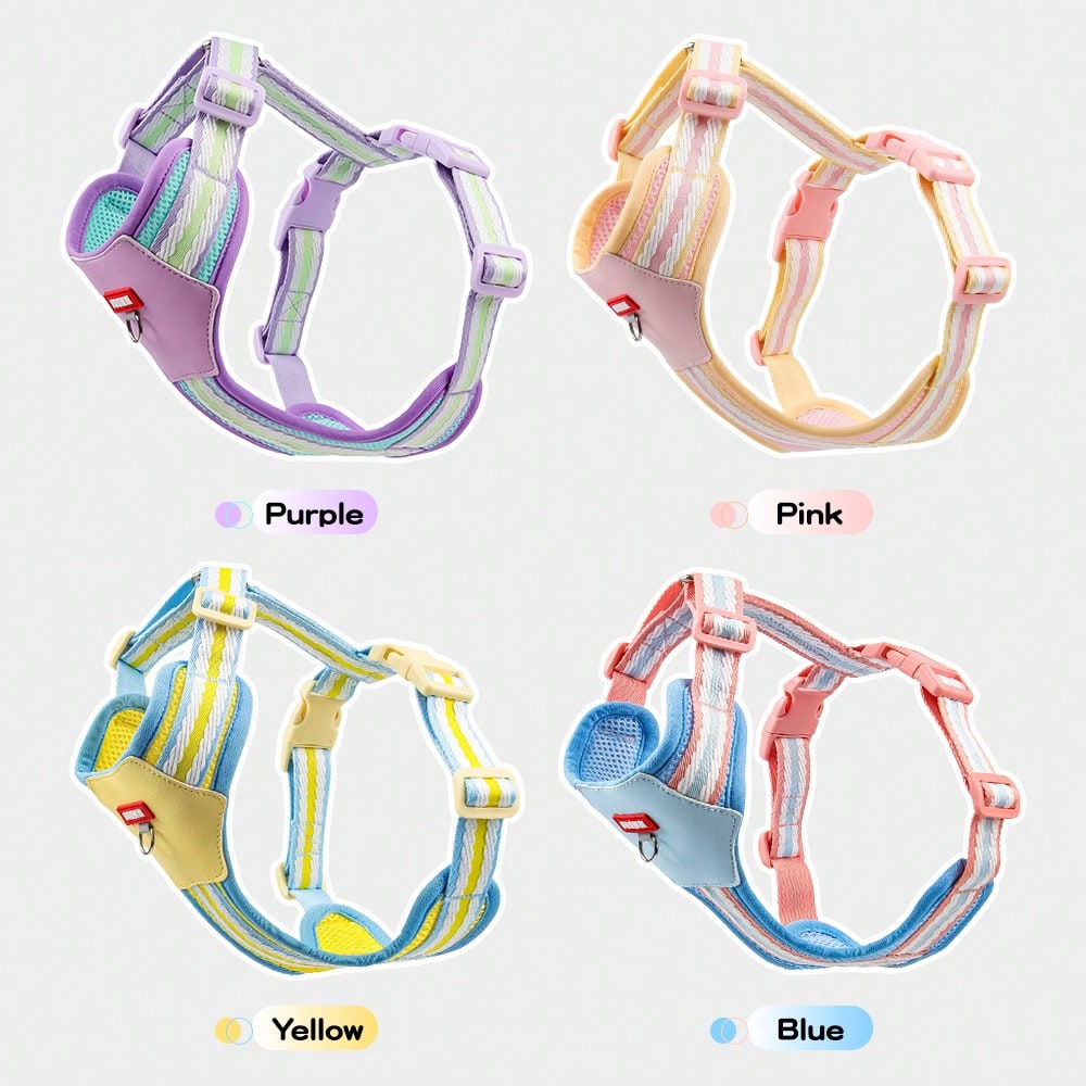 Multicolor reflective vest-style dog harness with padded adjustable straps and front and back leash attachment points for cats and dogs