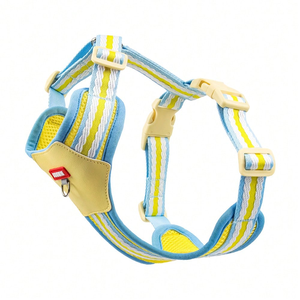 Multicolor reflective vest-style dog harness with padded adjustable straps and front and back leash attachment points for cats and dogs