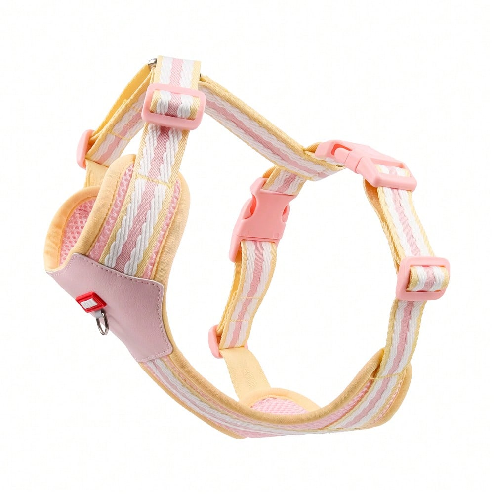 Multicolor reflective vest-style dog harness with padded adjustable straps and front and back leash attachment points for cats and dogs