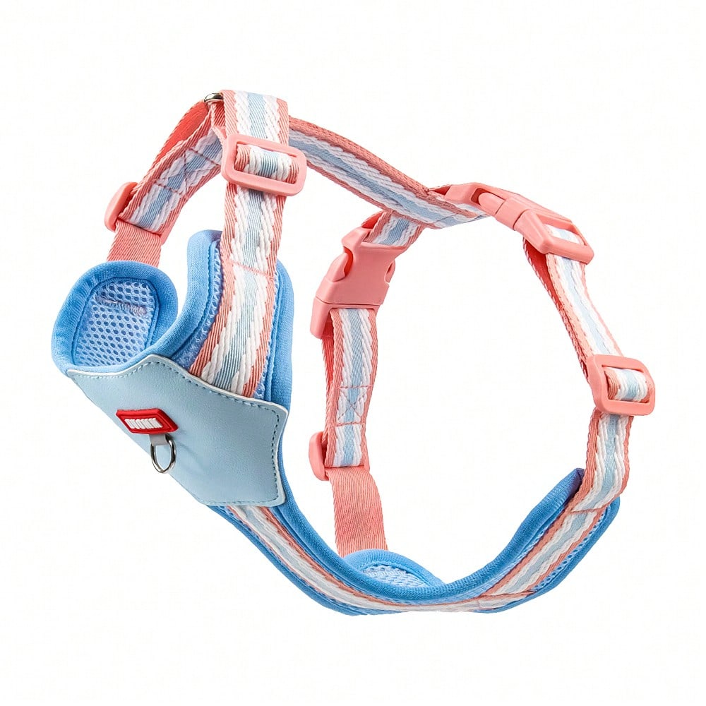 Multicolor reflective vest-style dog harness with padded adjustable straps and front and back leash attachment points for cats and dogs