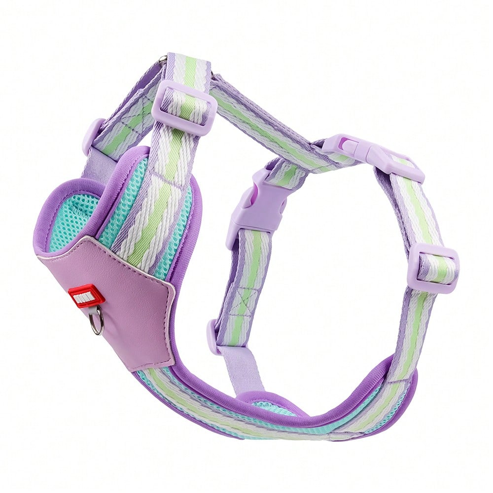 Multicolor reflective vest-style dog harness with padded adjustable straps and front and back leash attachment points for cats and dogs