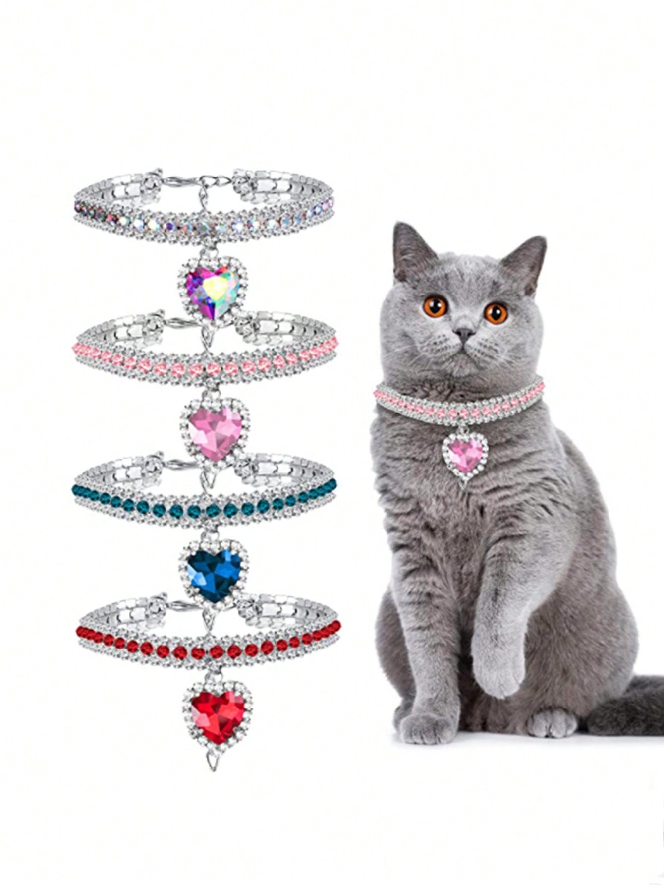 Pink sparkly crystal heart shaped adjustable breakaway collar for cats and small dogs, made from polyester for party dress-up or decorative pet styling.