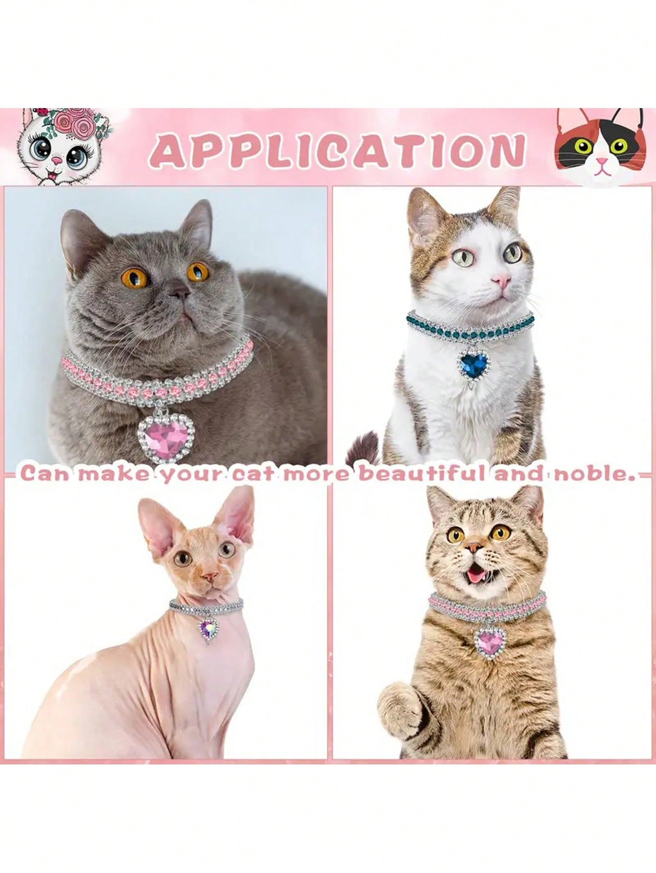 Pink sparkly crystal heart shaped adjustable breakaway collar for cats and small dogs, made from polyester for party dress-up or decorative pet styling.