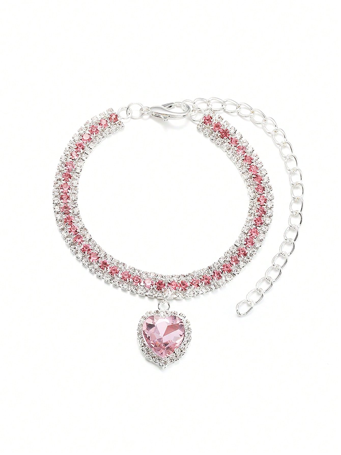 Pink sparkly crystal heart shaped adjustable breakaway collar for cats and small dogs, made from polyester for party dress-up or decorative pet styling.