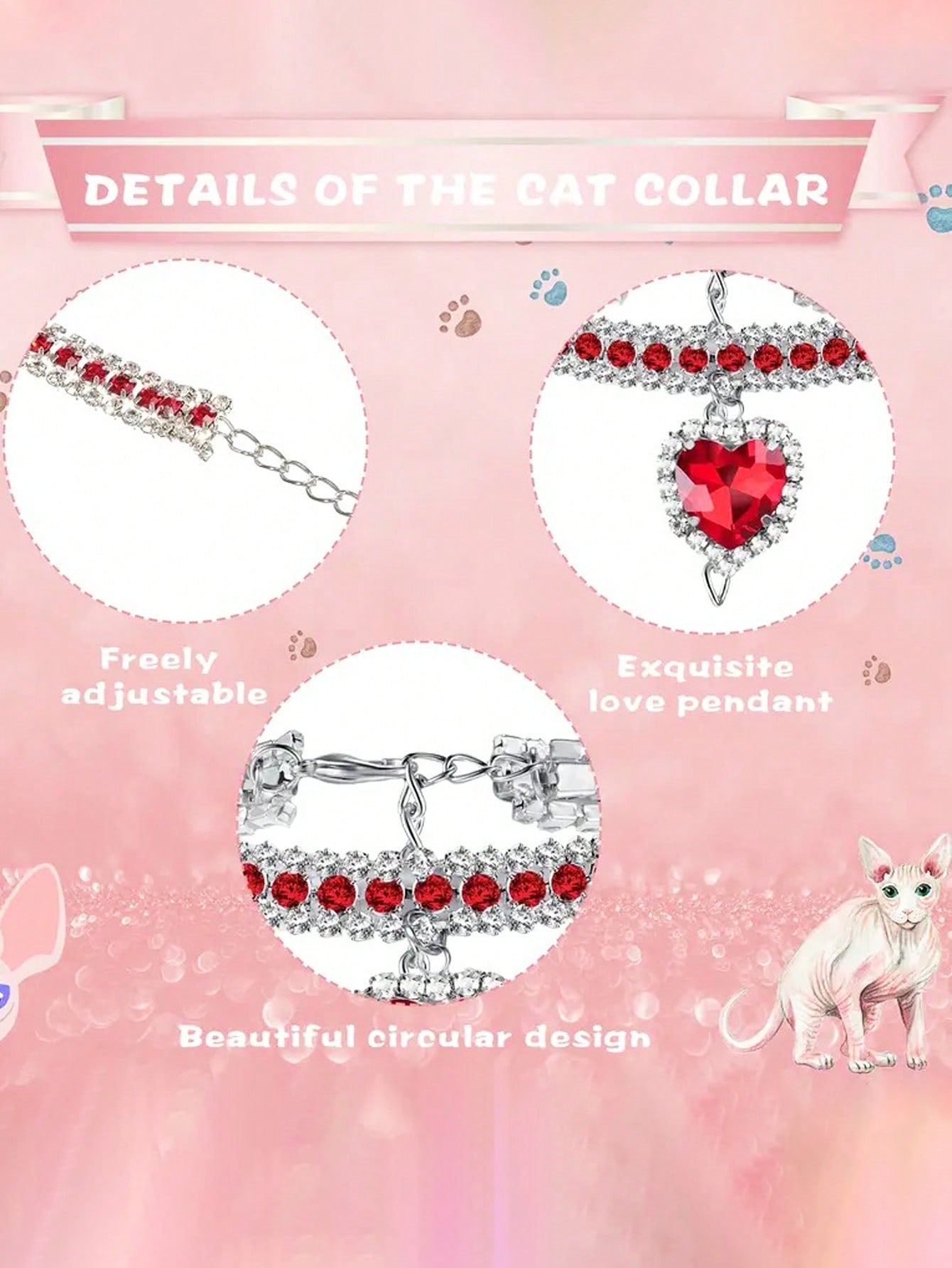 Pink adjustable cat and small dog collar with sparkly crystal heart detail and letter pattern, made from polyester with a breakaway design.