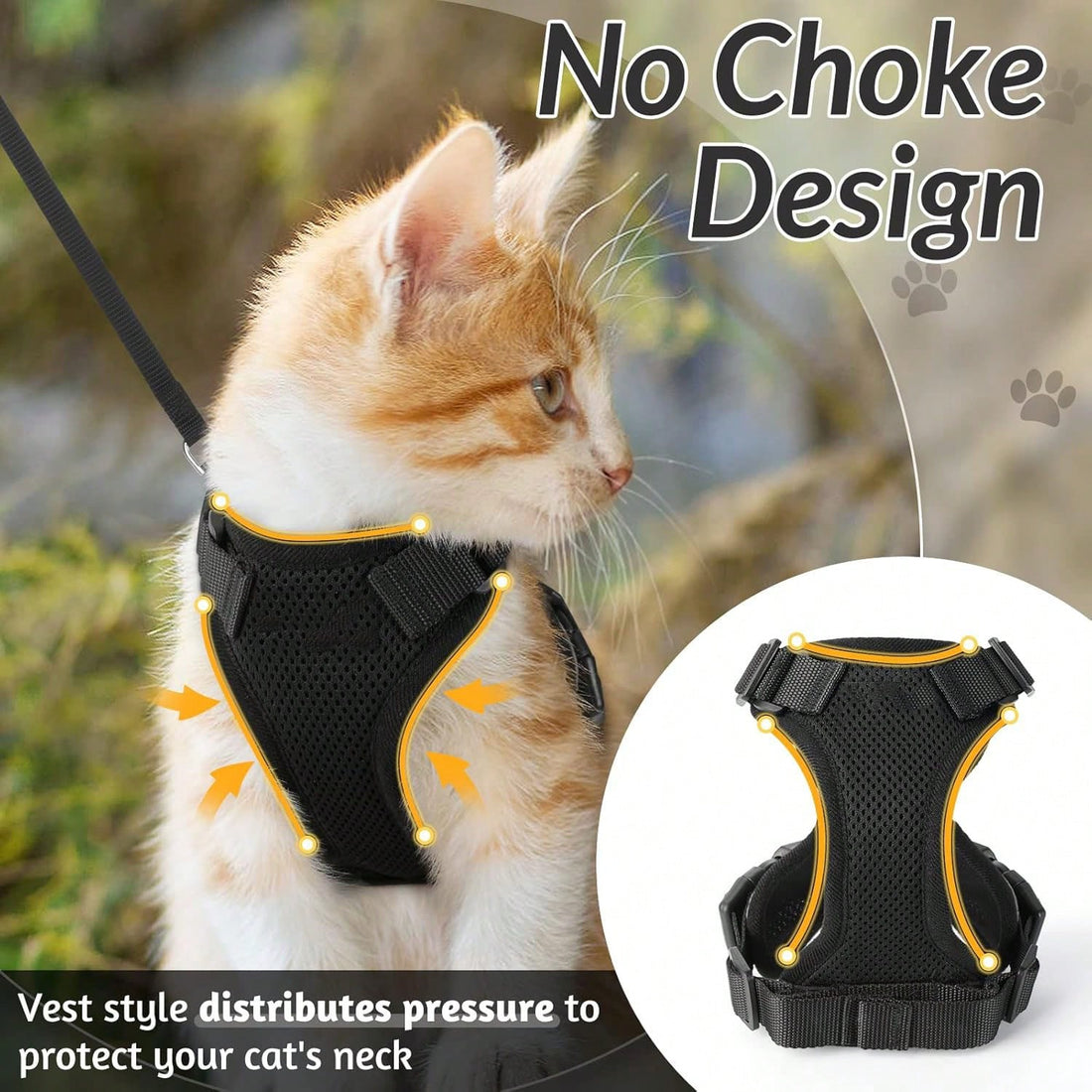 Black adjustable polyester cat harness vest with matching leash, escape-proof design, breathable reflective jacket style for walking and easy control