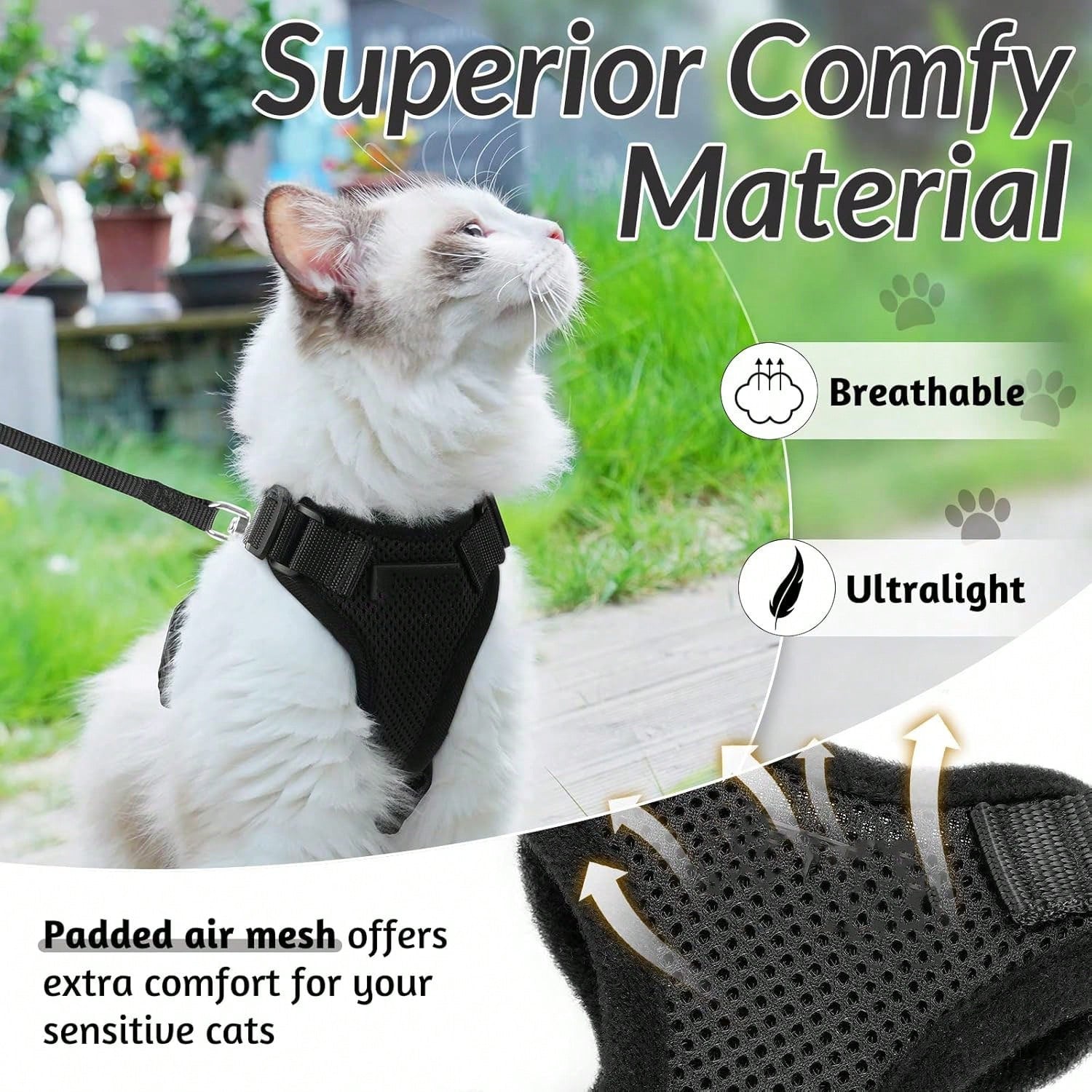 Black adjustable polyester cat harness vest with matching leash, escape-proof design, breathable reflective jacket style for walking and easy control