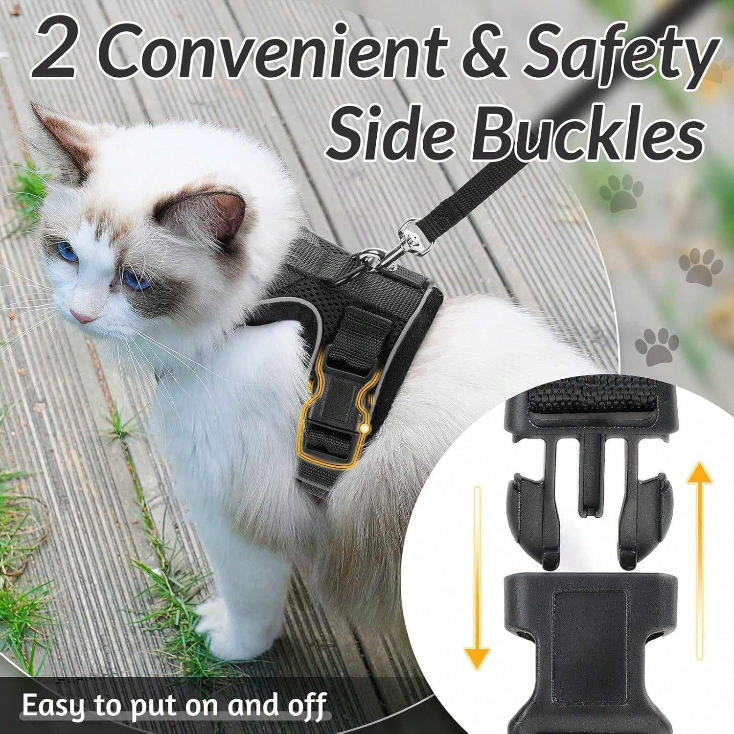 Black adjustable polyester cat harness vest with matching leash, escape-proof design, breathable reflective jacket style for walking and easy control