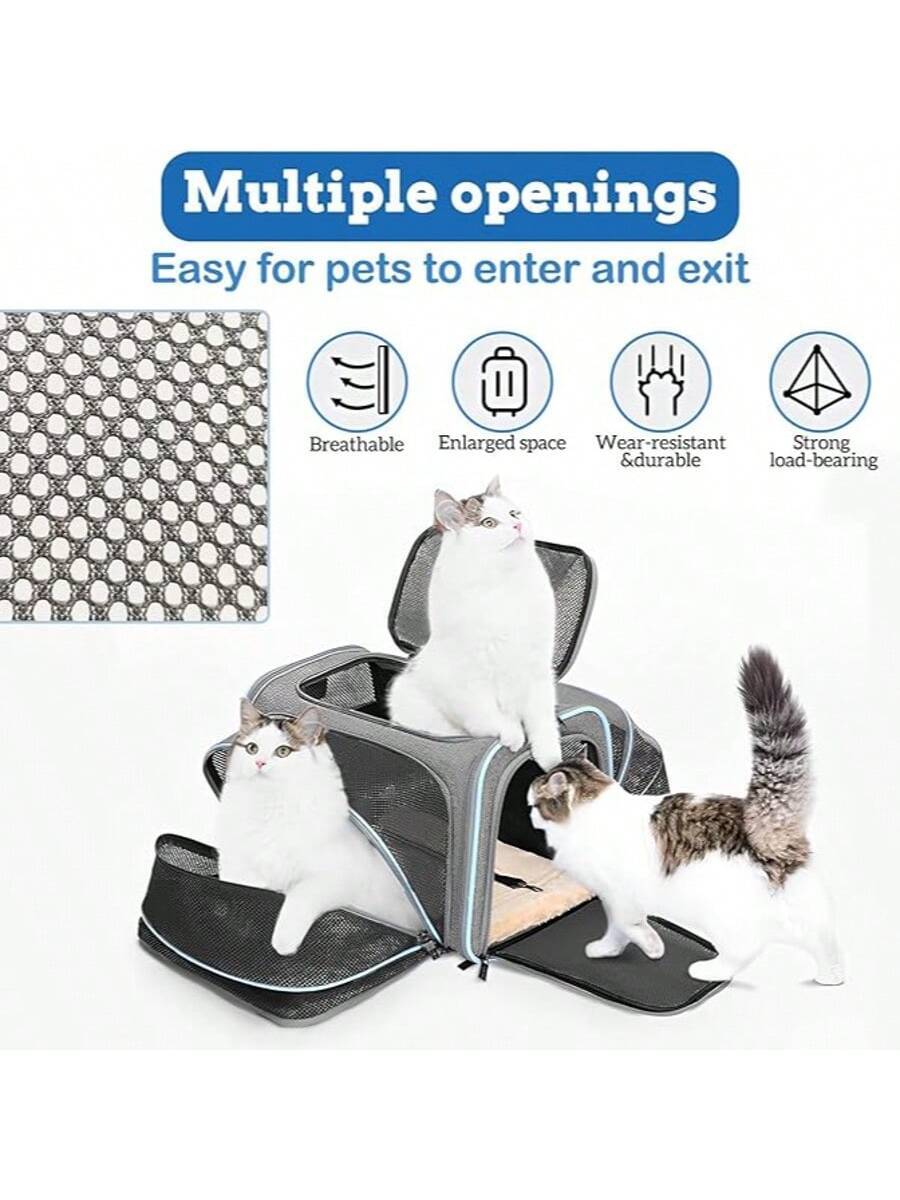 Blue expandable soft-sided pet carrier for cats and dogs featuring mesh ventilation windows, shoulder strap, and storage pockets.