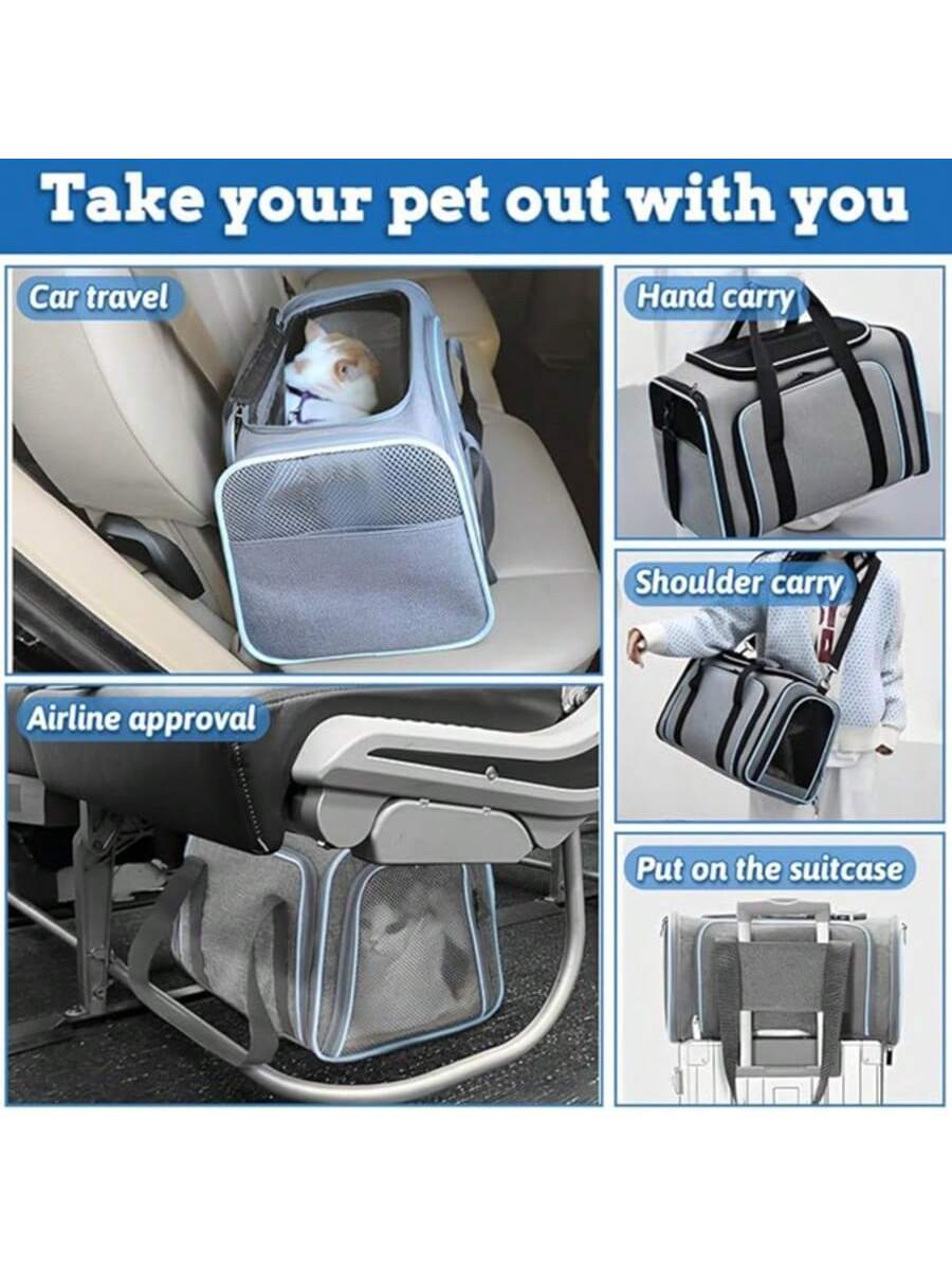 Blue expandable soft-sided pet carrier for cats and dogs featuring mesh ventilation windows, shoulder strap, and storage pockets.