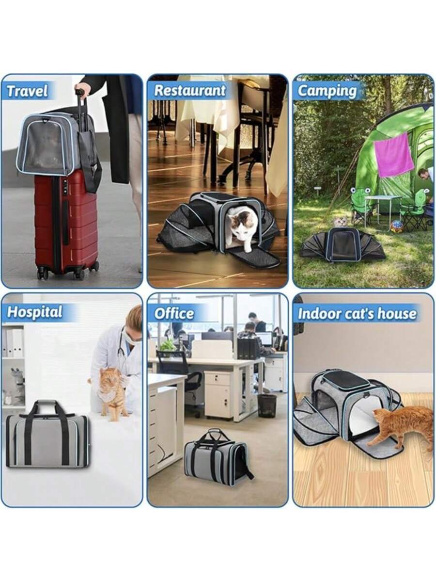 Blue expandable soft-sided pet carrier for cats and dogs featuring mesh ventilation windows, shoulder strap, and storage pockets.