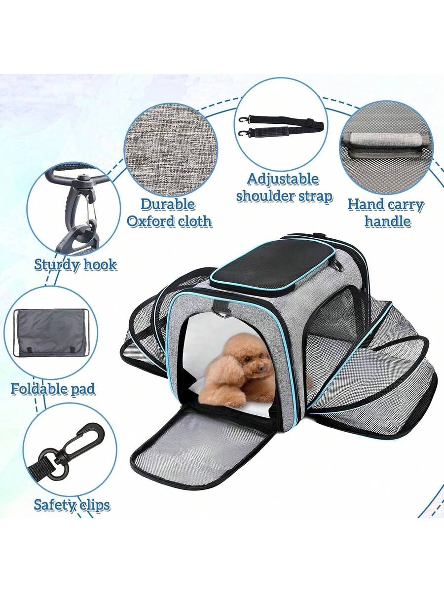 Blue expandable soft-sided pet carrier for cats and dogs featuring mesh ventilation windows, shoulder strap, and storage pockets.