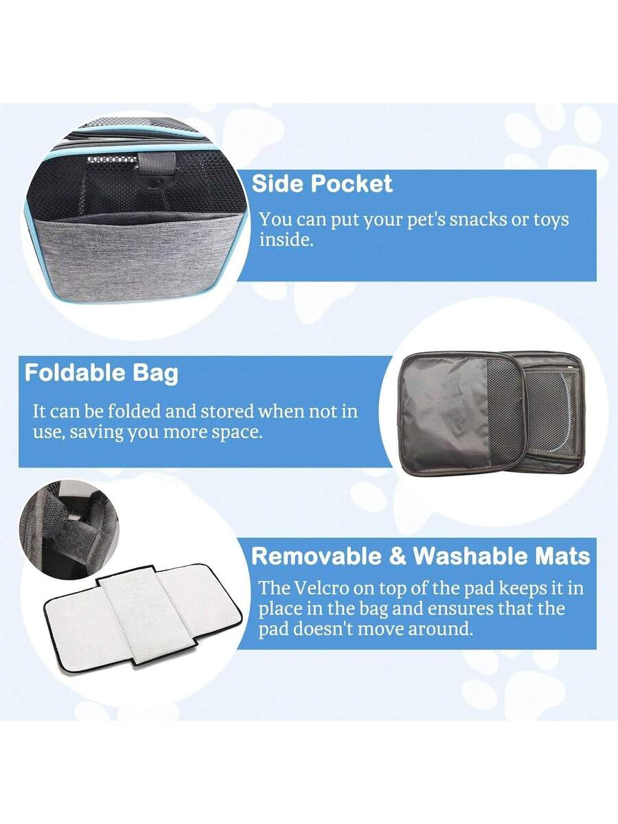 Blue expandable soft-sided pet carrier for cats and dogs featuring mesh ventilation windows, shoulder strap, and storage pockets.