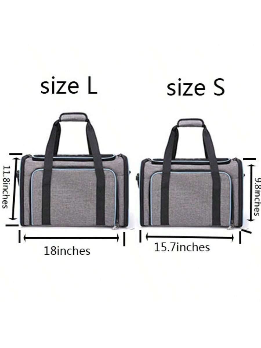 Blue expandable soft-sided pet carrier for cats and dogs featuring mesh ventilation windows, shoulder strap, and storage pockets.