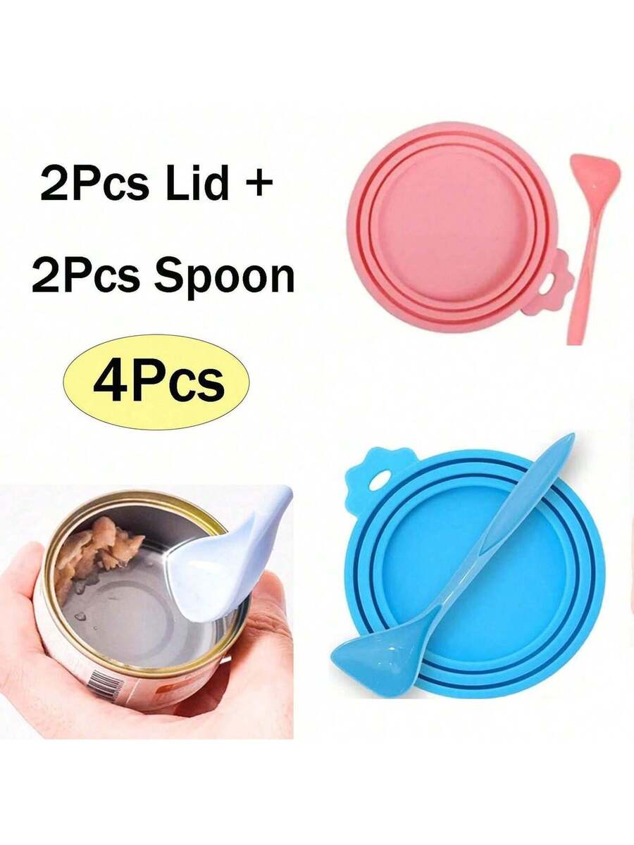 2 pieces of multicolor silicone pet food can lids with a spoon for dog and cat canned food