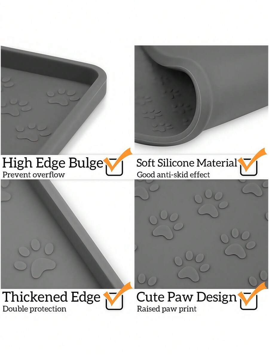 Black and white cartoon diatomite pet feeding mat placed under dog and cat food and water bowls to catch spills.