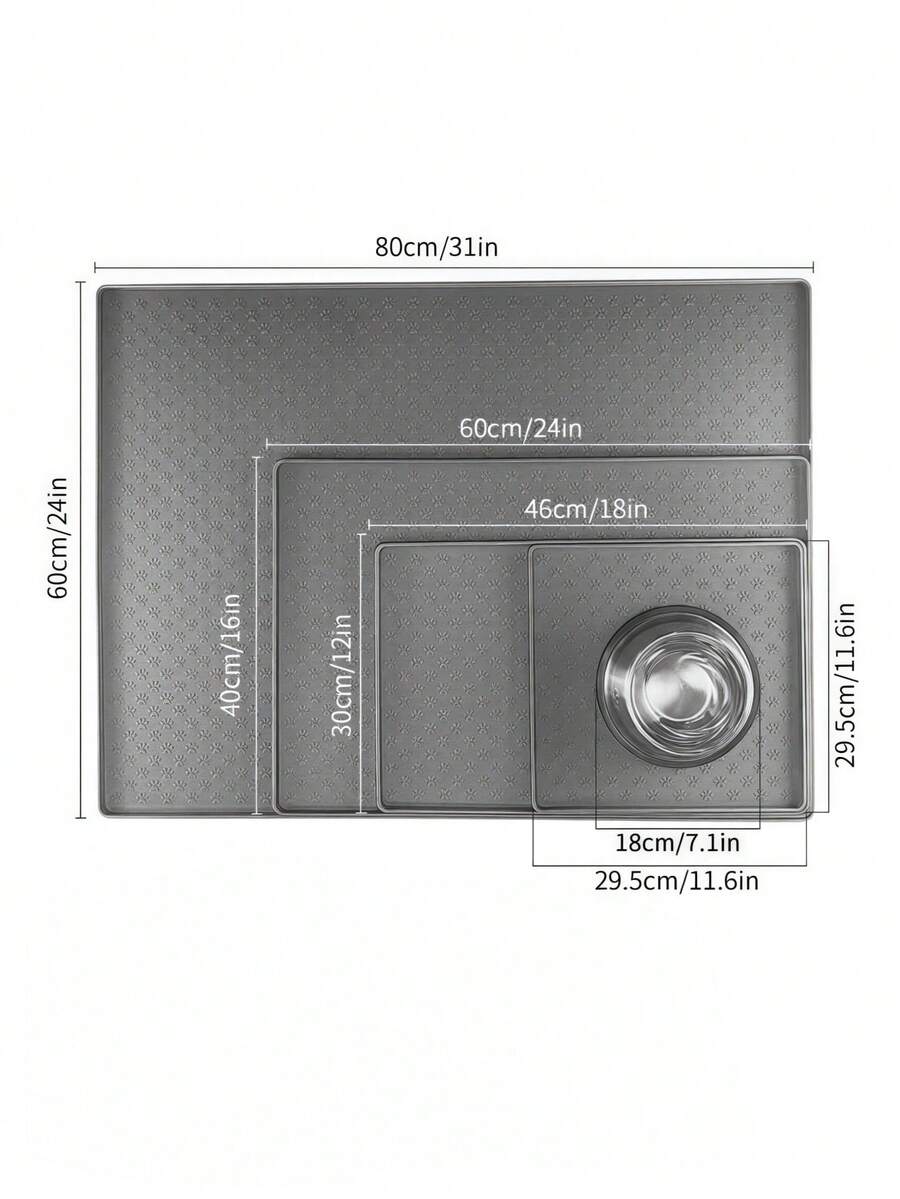 Black and white cartoon diatomite pet feeding mat placed under dog and cat food and water bowls to catch spills.