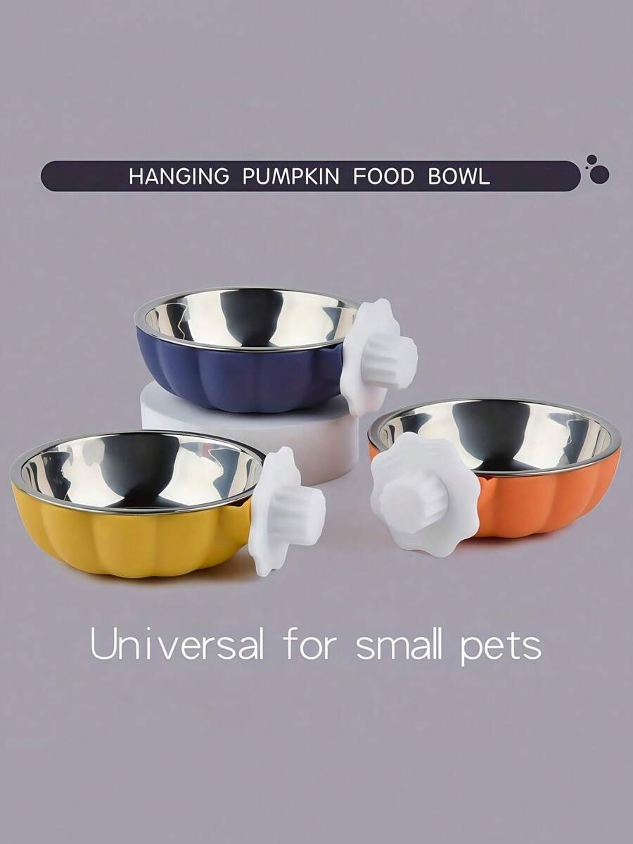 Orange pumpkin shaped raised pet bowl with a detachable stainless steel insert for small animals.