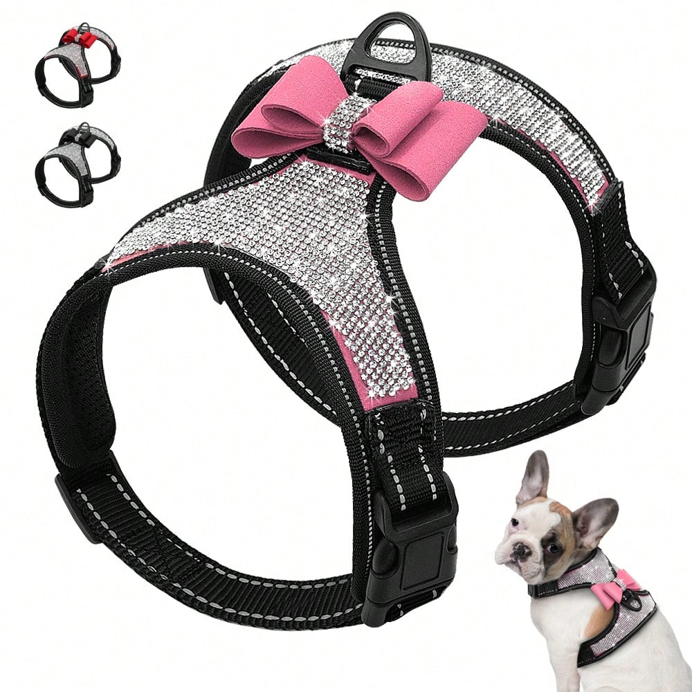 Pink reflective dog harness with rhinestone accents, adjustable straps, breathable design, and plush Korean style for dogs