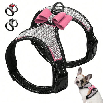Pink reflective dog harness with rhinestone accents, adjustable straps, breathable design, and plush Korean style for dogs
