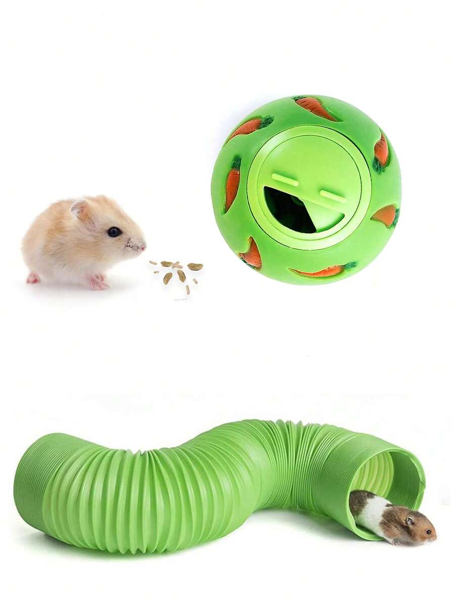 Multicolor small pet toy set featuring a carrot-shaped slow feeder food dispenser and an expandable telescopic play tunnel made of Polyvinyl Chloride for hamsters, bunnies, ferrets, and sugar gliders.