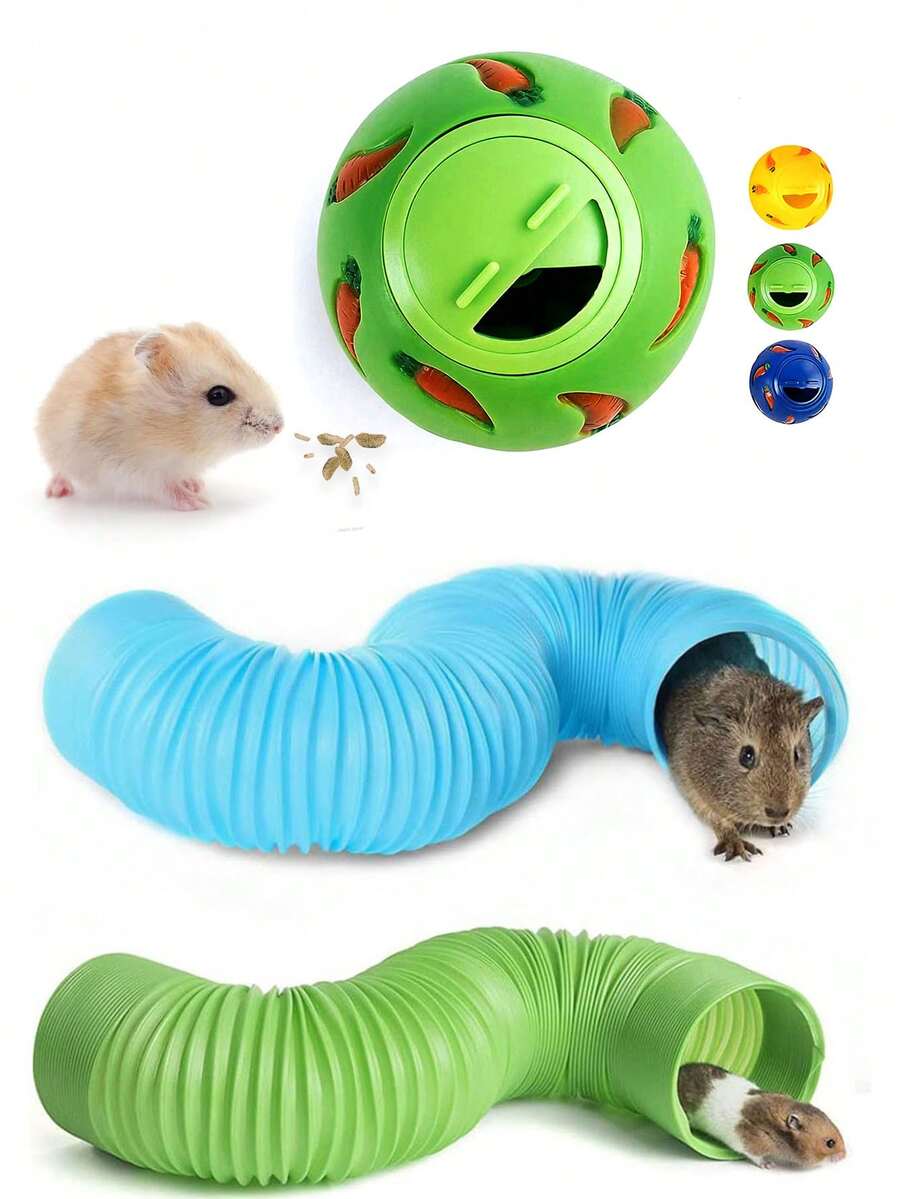 Multicolor small pet toy set featuring a carrot-shaped slow feeder food dispenser and an expandable telescopic play tunnel made of Polyvinyl Chloride for hamsters, bunnies, ferrets, and sugar gliders.