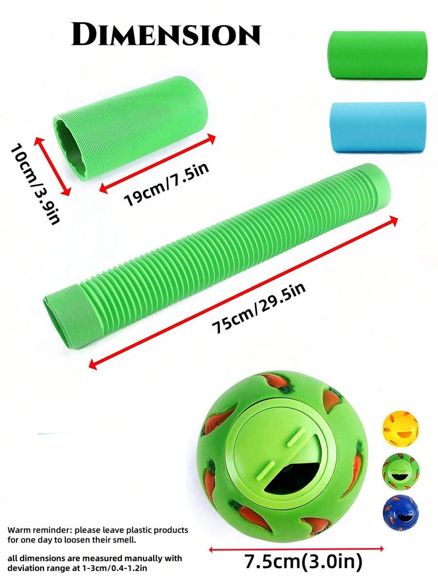 Multicolor small pet toy set featuring a carrot-shaped slow feeder food dispenser and an expandable telescopic play tunnel made of Polyvinyl Chloride for hamsters, bunnies, ferrets, and sugar gliders.