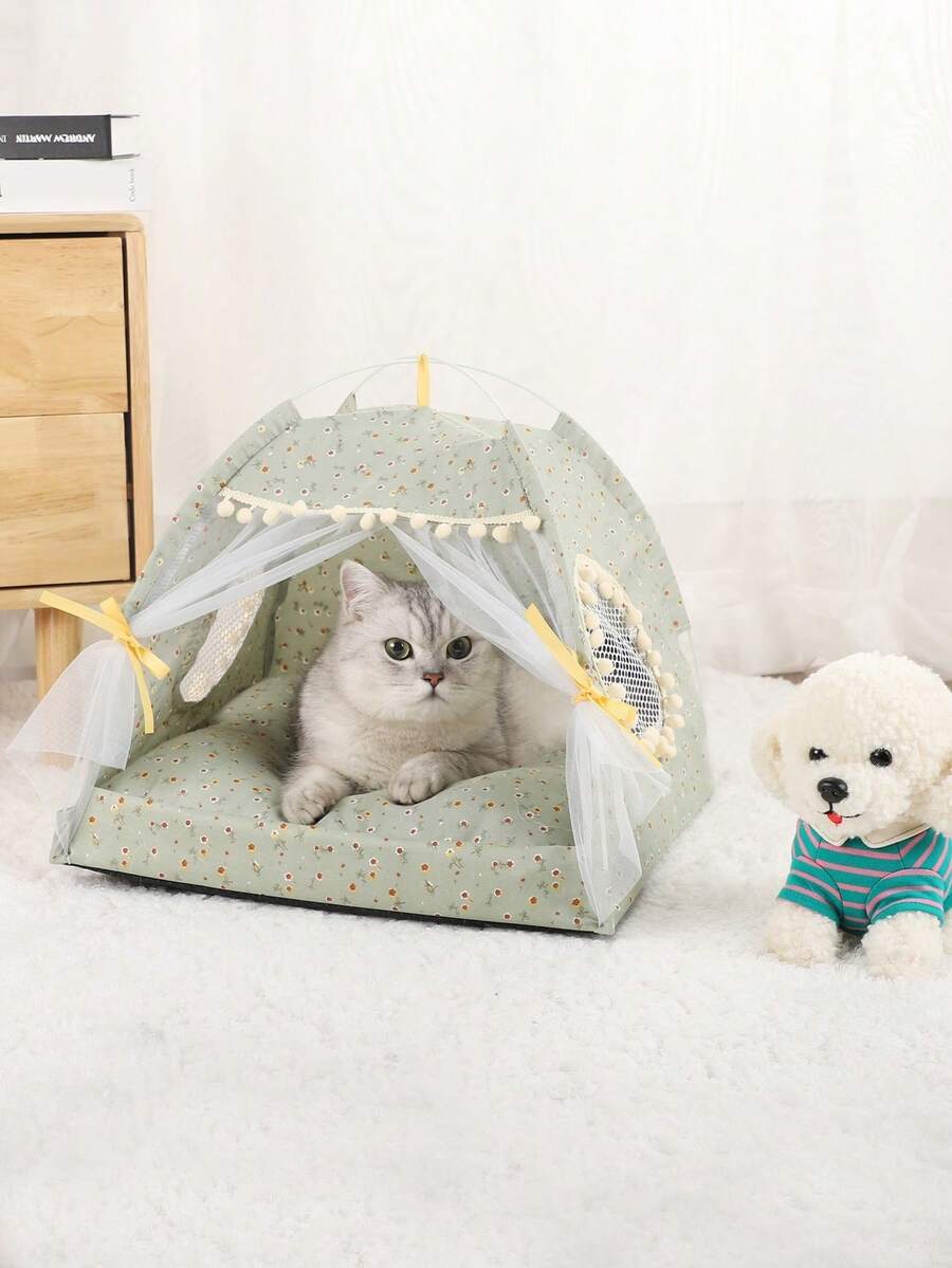 Pink floral pattern pet tent for small cats and dogs made from breathable polyester fabric