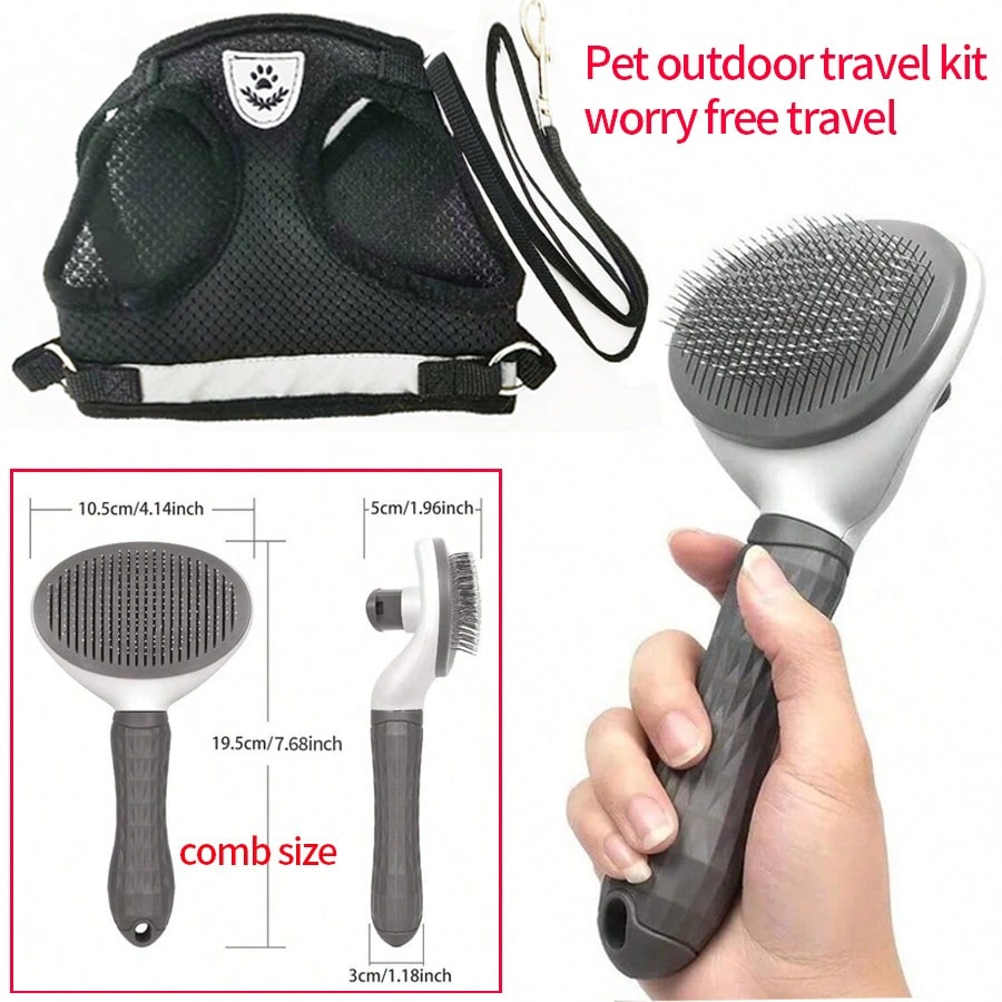 Multicolor reflective polyester vest harness and leash set for cats and dogs with brush and foldable food bowl for outdoor walking and travel