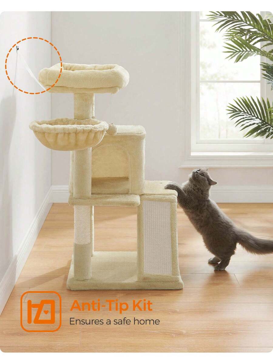 Dark grey 37.8-inch multi-level cat tree featuring a widened top perch, two-door cat cave, hanging basket, sisal scratching posts, and a scratching ramp for indoor cats.