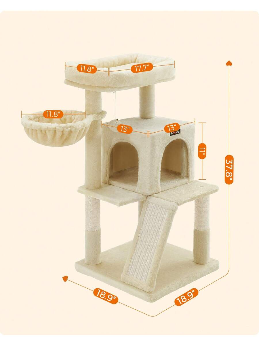 Dark grey 37.8-inch multi-level cat tree featuring a widened top perch, two-door cat cave, hanging basket, sisal scratching posts, and a scratching ramp for indoor cats.