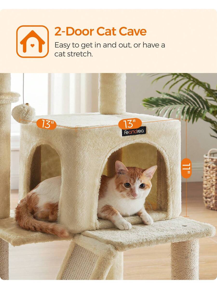 Dark grey 37.8-inch multi-level cat tree featuring a widened top perch, two-door cat cave, hanging basket, sisal scratching posts, and a scratching ramp for indoor cats.