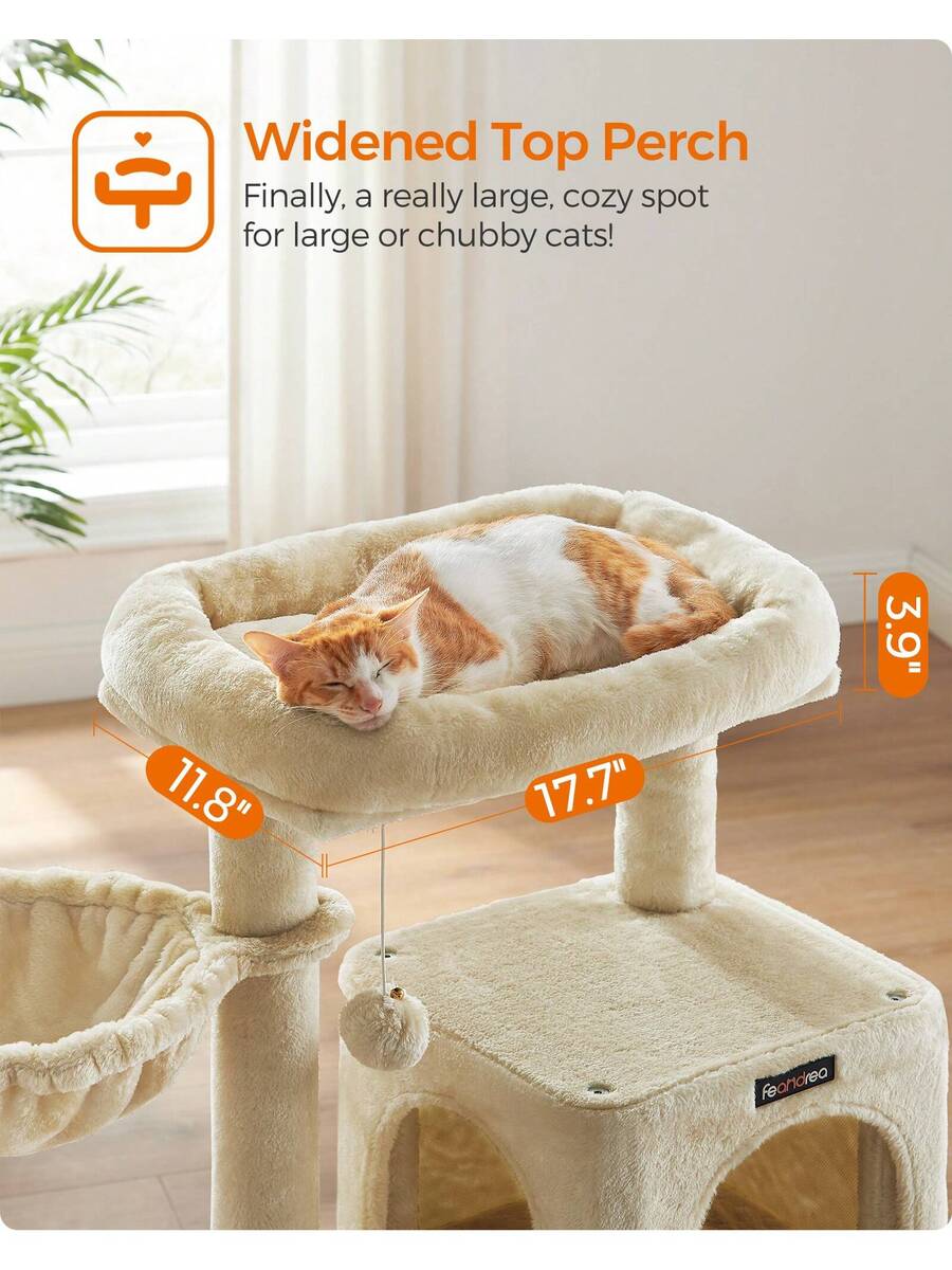 Dark grey 37.8-inch multi-level cat tree featuring a widened top perch, two-door cat cave, hanging basket, sisal scratching posts, and a scratching ramp for indoor cats.