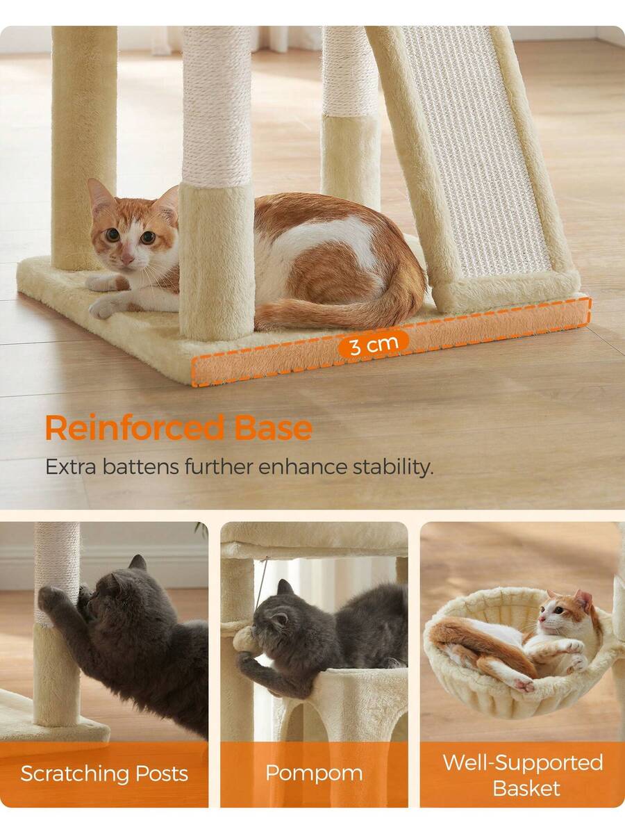 Dark grey 37.8-inch multi-level cat tree featuring a widened top perch, two-door cat cave, hanging basket, sisal scratching posts, and a scratching ramp for indoor cats.