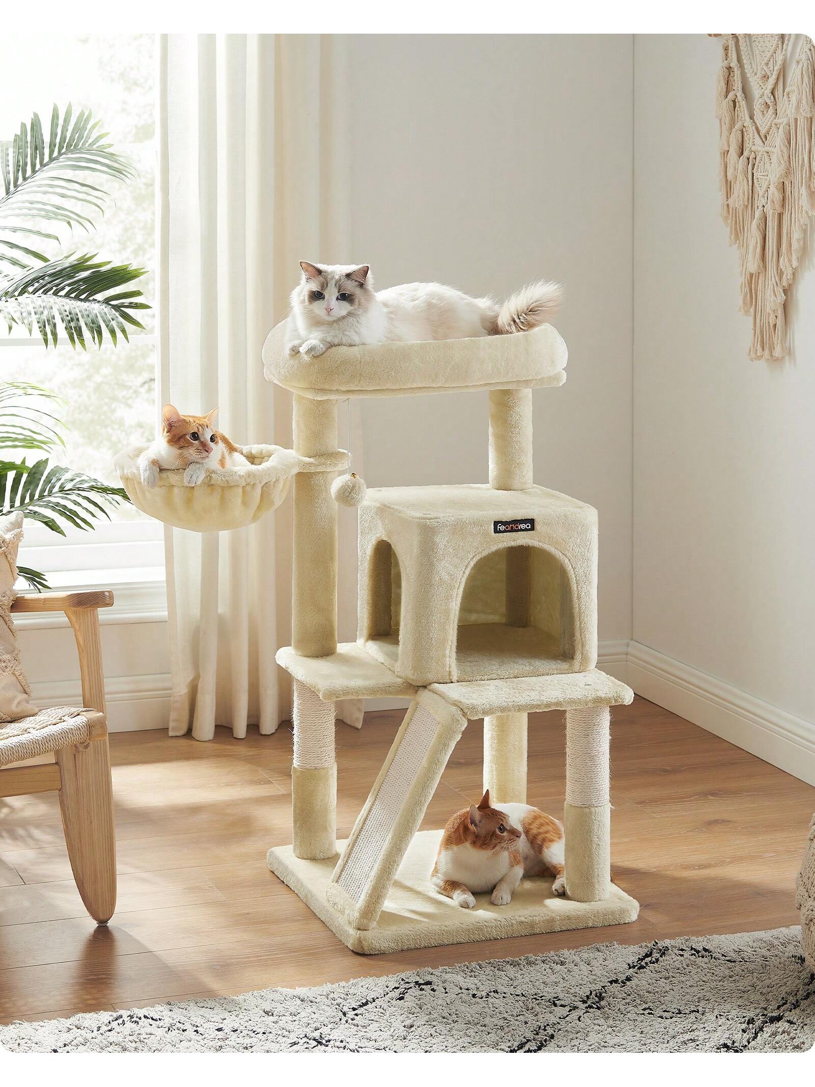 Dark grey 37.8-inch multi-level cat tree featuring a widened top perch, two-door cat cave, hanging basket, sisal scratching posts, and a scratching ramp for indoor cats.