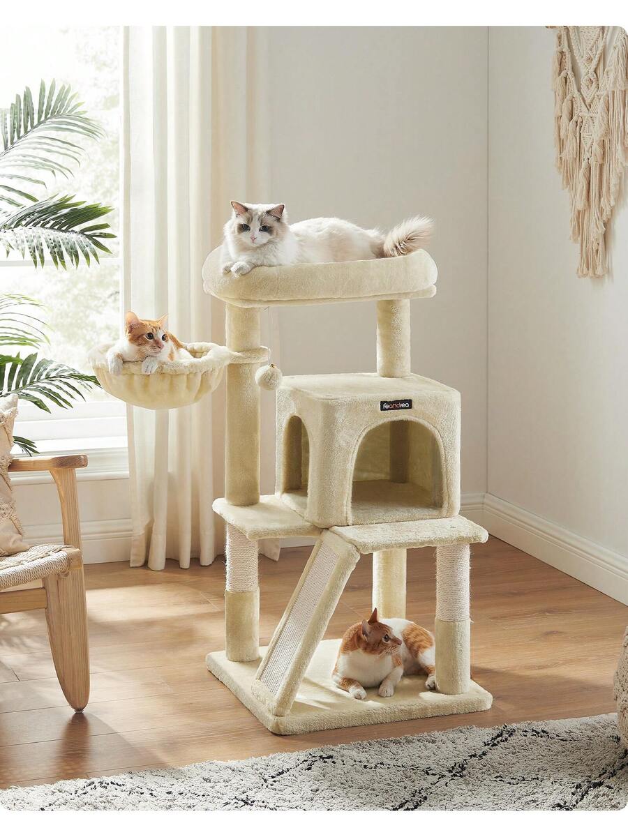 Dark grey 37.8-inch multi-level cat tree featuring a widened top perch, two-door cat cave, hanging basket, sisal scratching posts, and a scratching ramp for indoor cats.