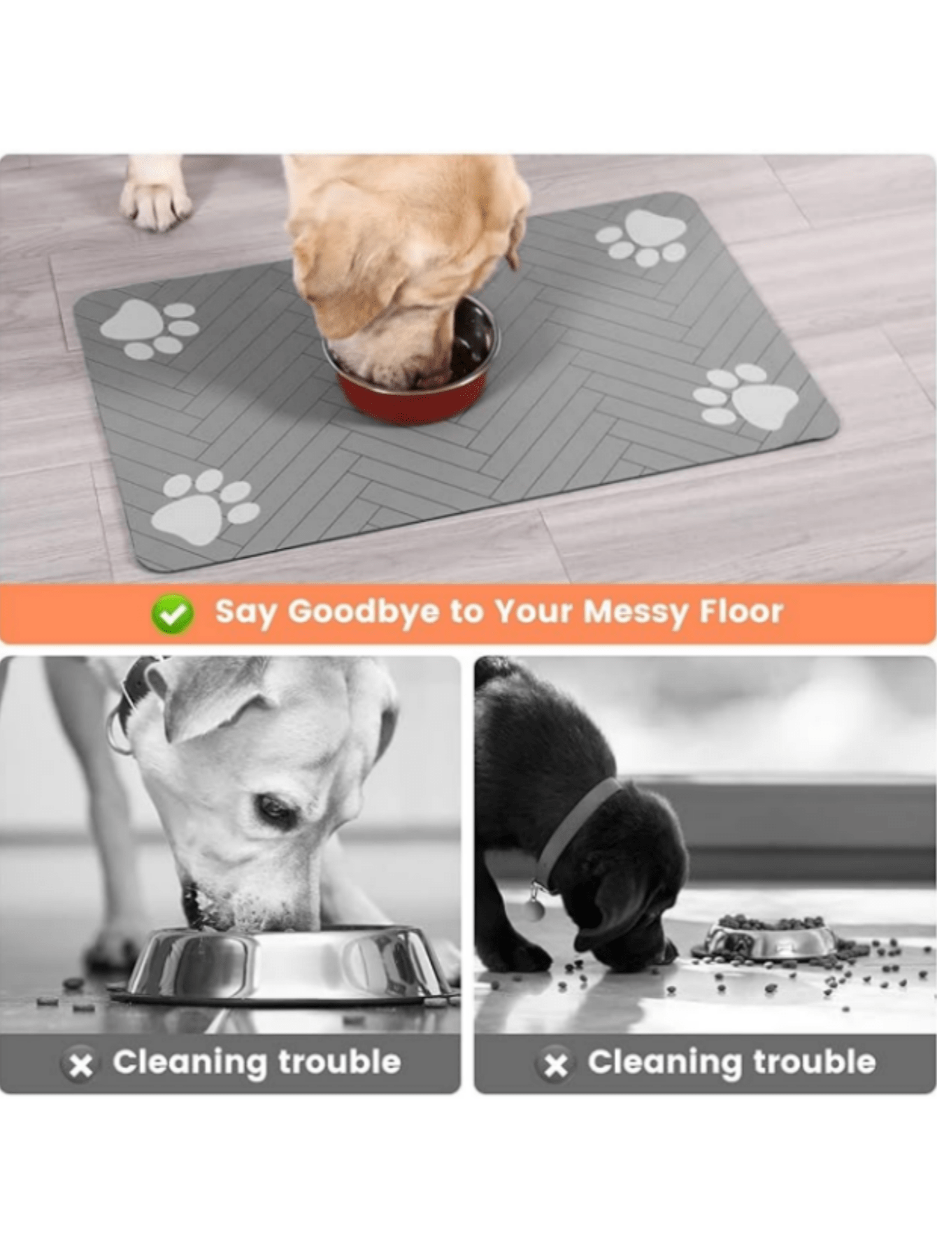 Quick-drying cartoon pet feeding mat for cats and dogs featuring an absorbent splash-proof polyester design.