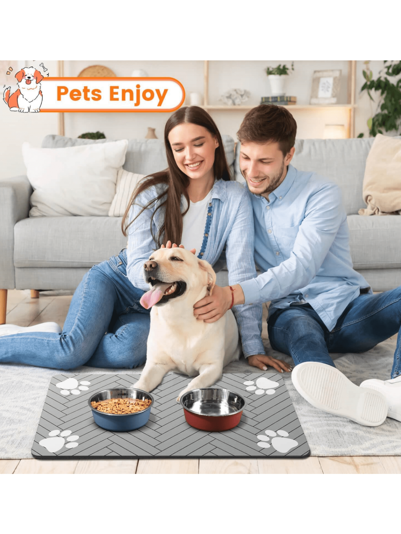 Quick-drying cartoon pet feeding mat for cats and dogs featuring an absorbent splash-proof polyester design.