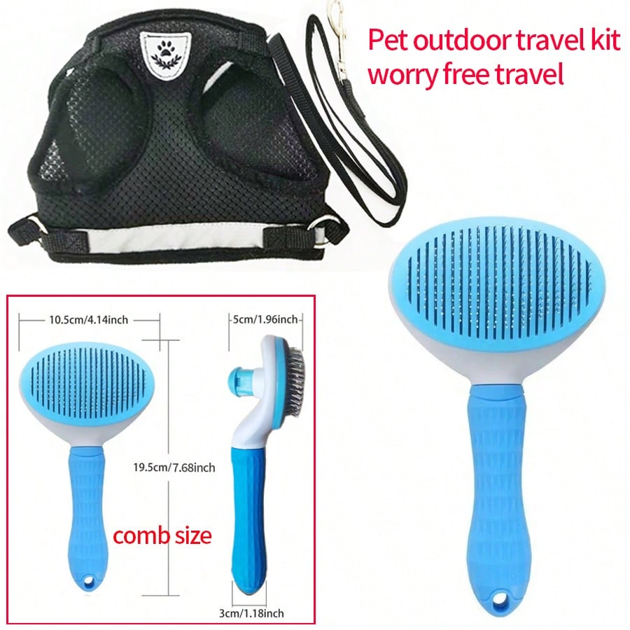 Multicolor reflective polyester vest harness and leash set for cats and dogs with brush and foldable food bowl for outdoor walking and travel